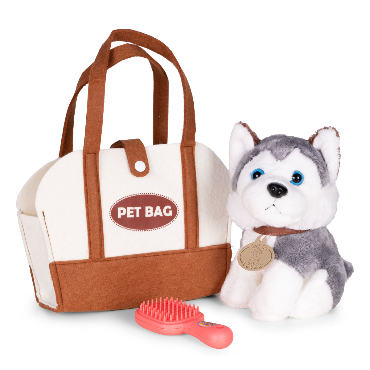 Plīša kucēns somā “Haskijs” + suku birste | EcoToys