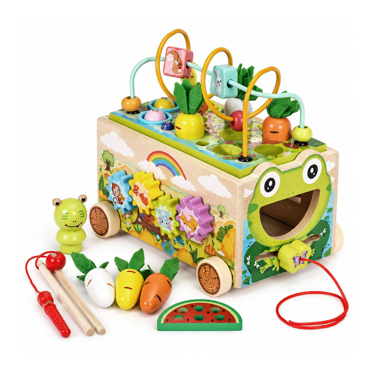 Koka aktivitāšu kubs 8in1 “Varde” – staigulis, šķirotājs, ksilofons, makšķerēšana | EcoToys