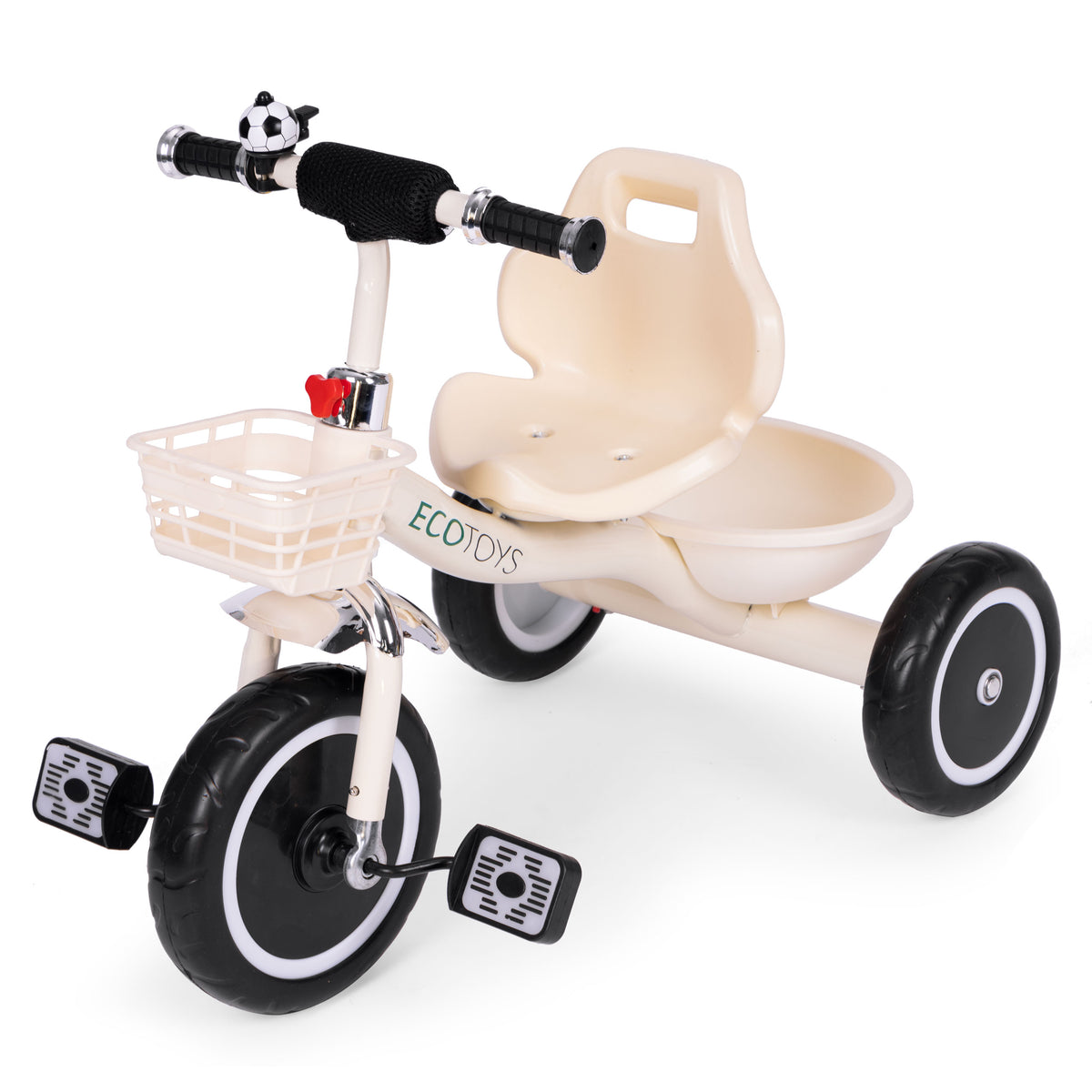 Trīsritenis ar neslīdošiem rokturiem, zvaniņu un groziņu, bēšs | EcoToys
