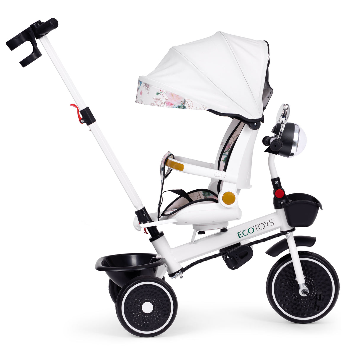 Trīsritenis – ratiņi ar grozāmu sēdekli, stumšanas rokturi un jumtiņu | EcoToys
