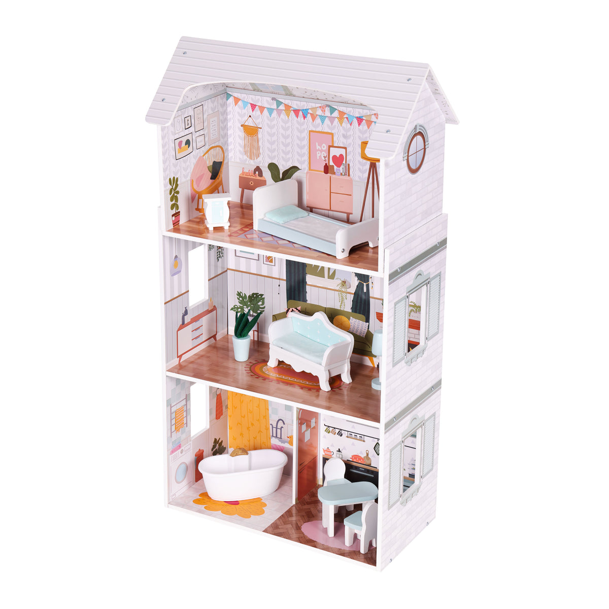 Leļļu māja “Alice” – 3 stāvi, 4 istabas, 9 mēbeles | EcoToys