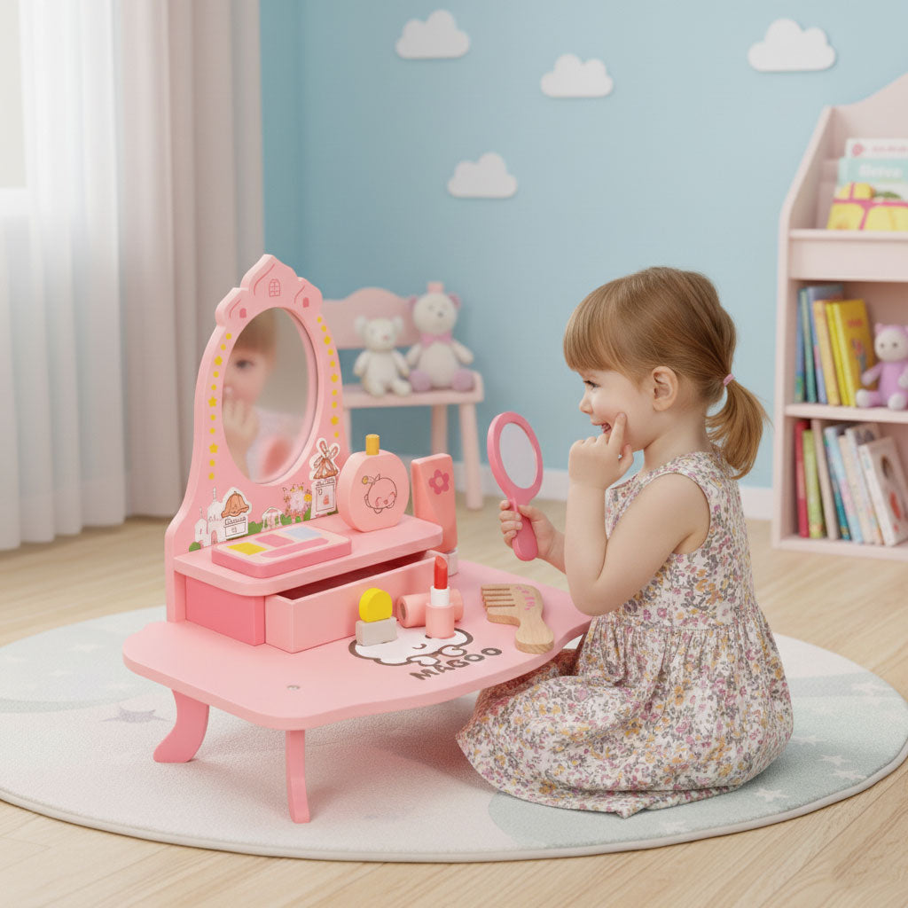 Koka bērnu tualetes galdiņš ar spoguli, atvilktni un 7 piederumiem | EcoToys