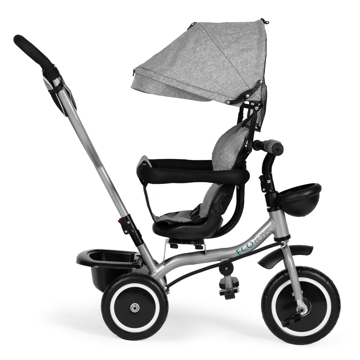 Trīsritenis – ratiņi 2in1 ar grozāmu sēdekli un saliekamu jumtiņu, pelēks | EcoToys