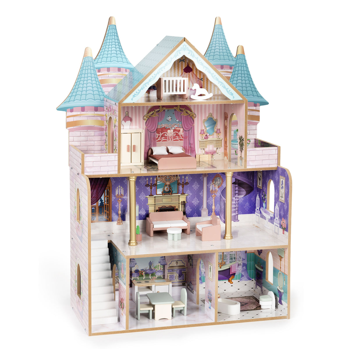 Koka leļļu māja “Bella Castle”, 4 stāvi, 5 istabas, 15 mēbeles | EcoToys