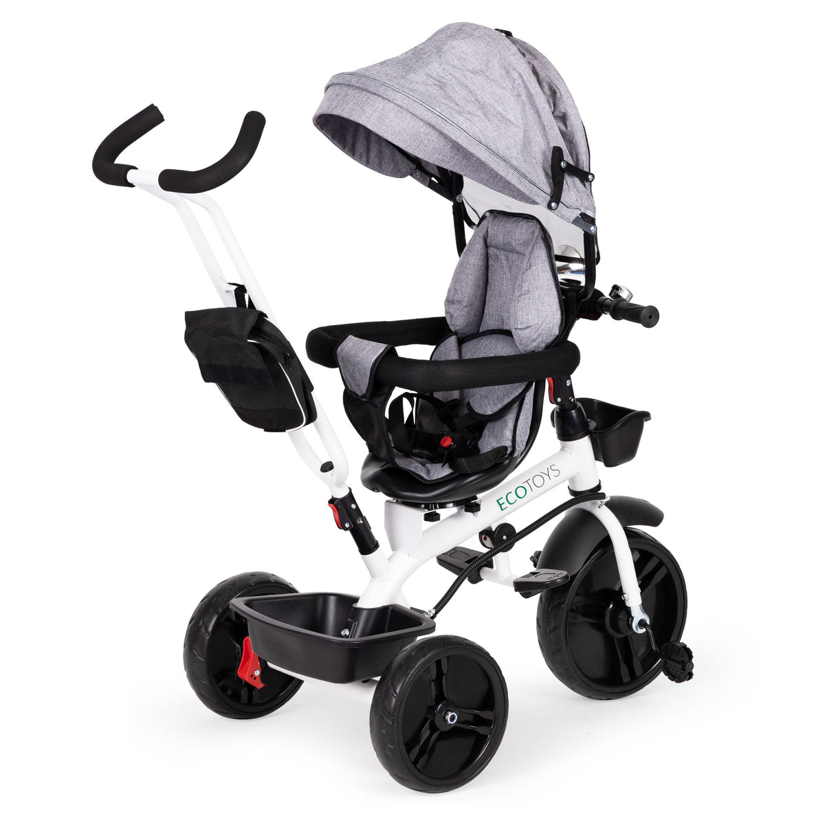 Trīsritenis ar 360° grozāmu sēdekli un jumtiņu, pelēks | EcoToys