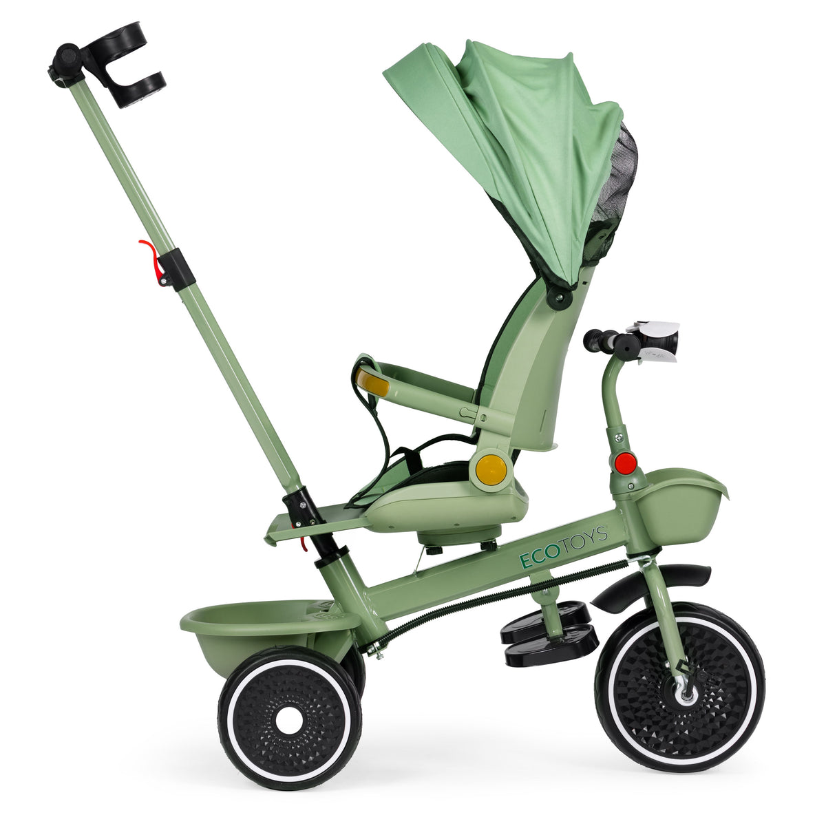 Trīsritenis – ratiņi 2in1 ar grozāmu sēdekli un saliekamu jumtiņu, zaļš | EcoToys