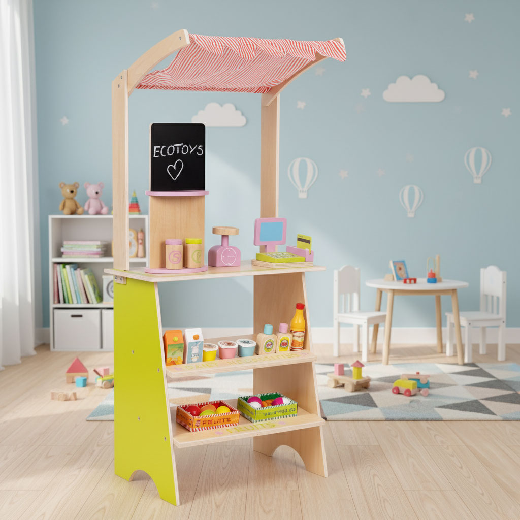 Liela koka tirgus lete bērniem ar termināli, svariem, augļiem un dārzeņiem, 20 gab. | EcoToys