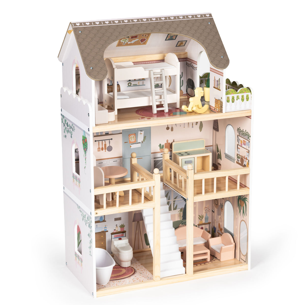 Koka leļļu māja “Laura”, 3 stāvi, 5 istabas, 15 mēbeles | EcoToys