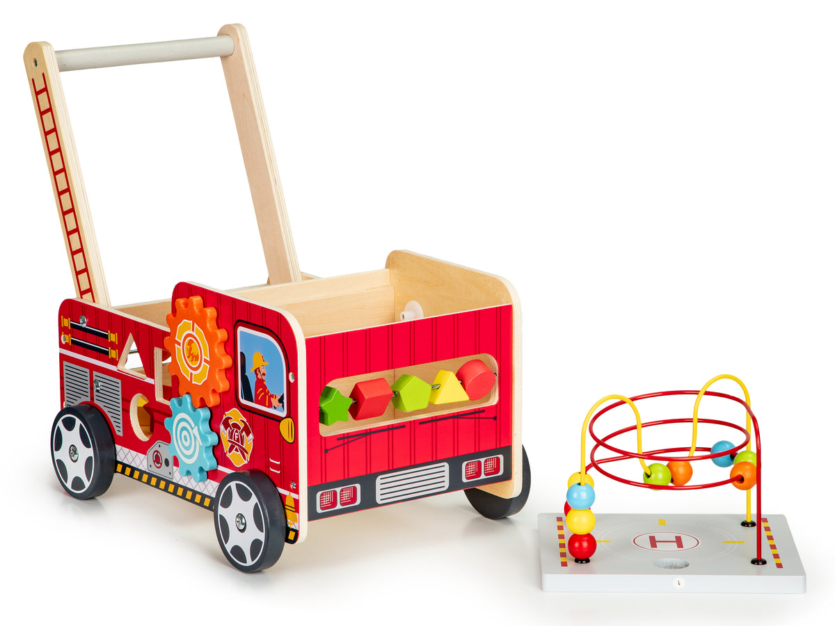 Koka izglītojošie stumjamie ratiņi ar klucīšiem “Ugunsdzēsēju mašīna” | EcoToys