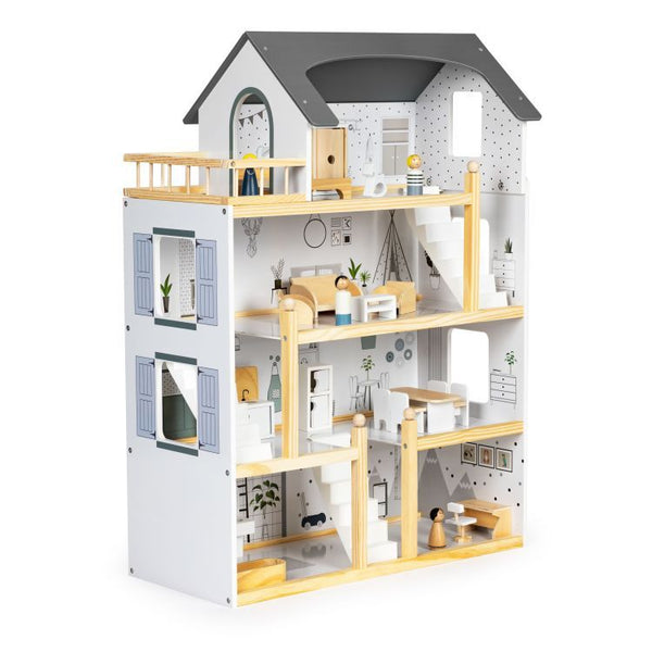 Leļļu namiņš ar 18 koka mēbeļu komplektu ECO HOME