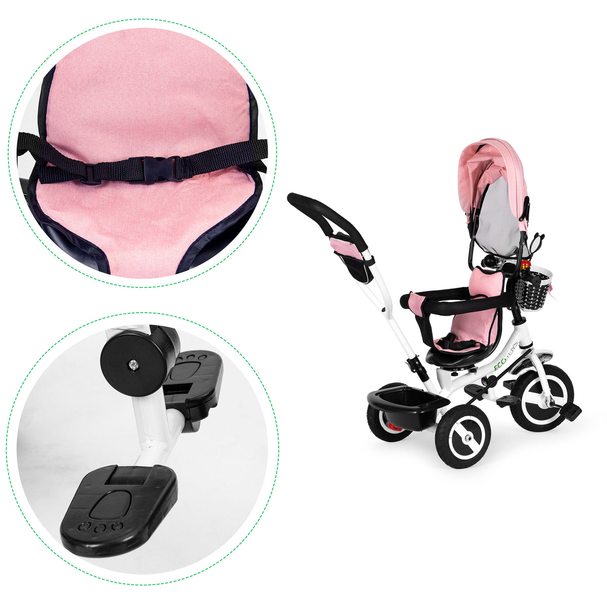 Trīsritenis ar jumtiņu un gumijas riteņiem, rozā | EcoToys