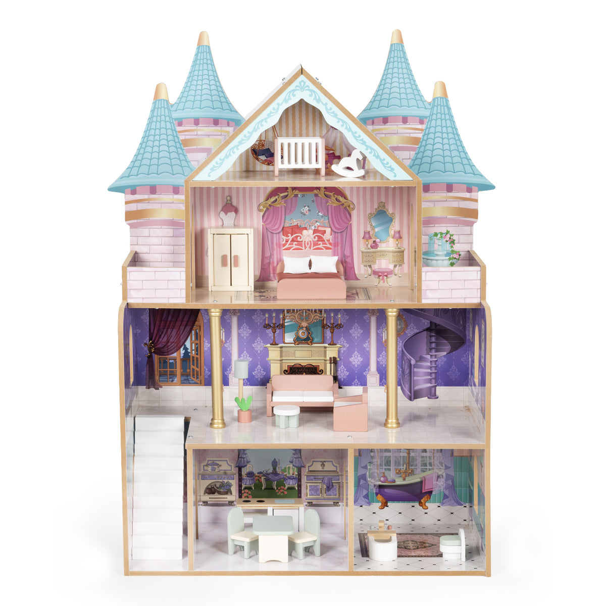 Koka leļļu māja “Bella Castle”, 4 stāvi, 5 istabas, 15 mēbeles | EcoToys