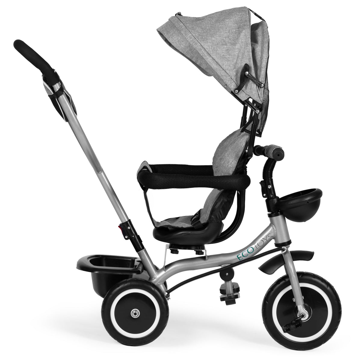 Trīsritenis – ratiņi 2in1 ar grozāmu sēdekli un saliekamu jumtiņu, pelēks | EcoToys