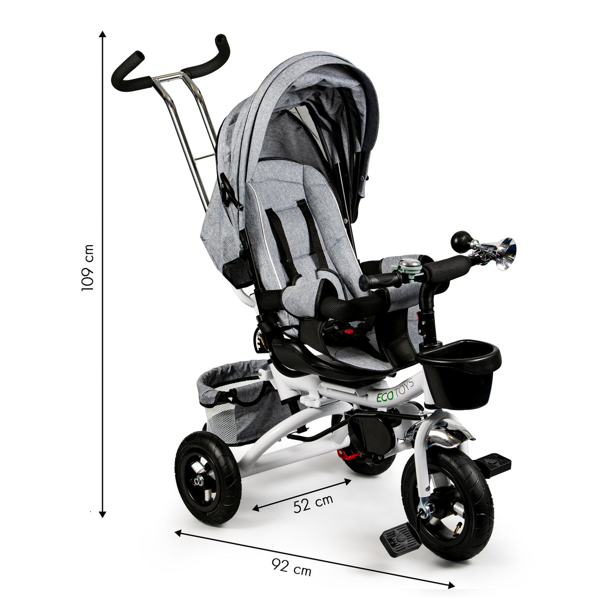 Trīsritenis ar 360° grozāmu sēdekli un jumtiņu Deluxe, pelēks | EcoToys