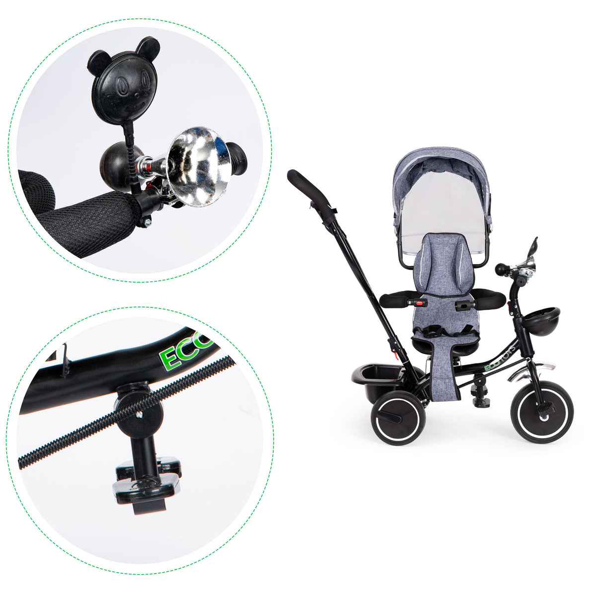 Trīsritenis ar grozāmu sēdekli un jumtiņu, pelēks | EcoToys