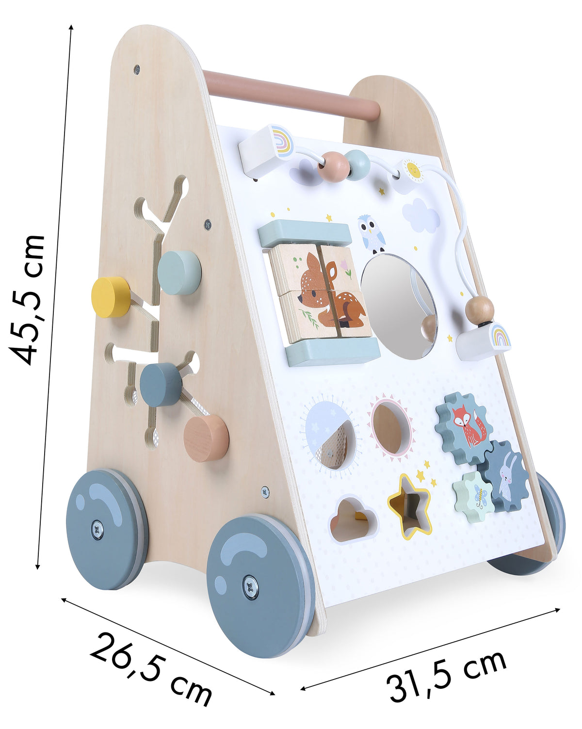 Koka izglītojošie stumjamie ratiņi ar kustīgiem elementiem | EcoToys