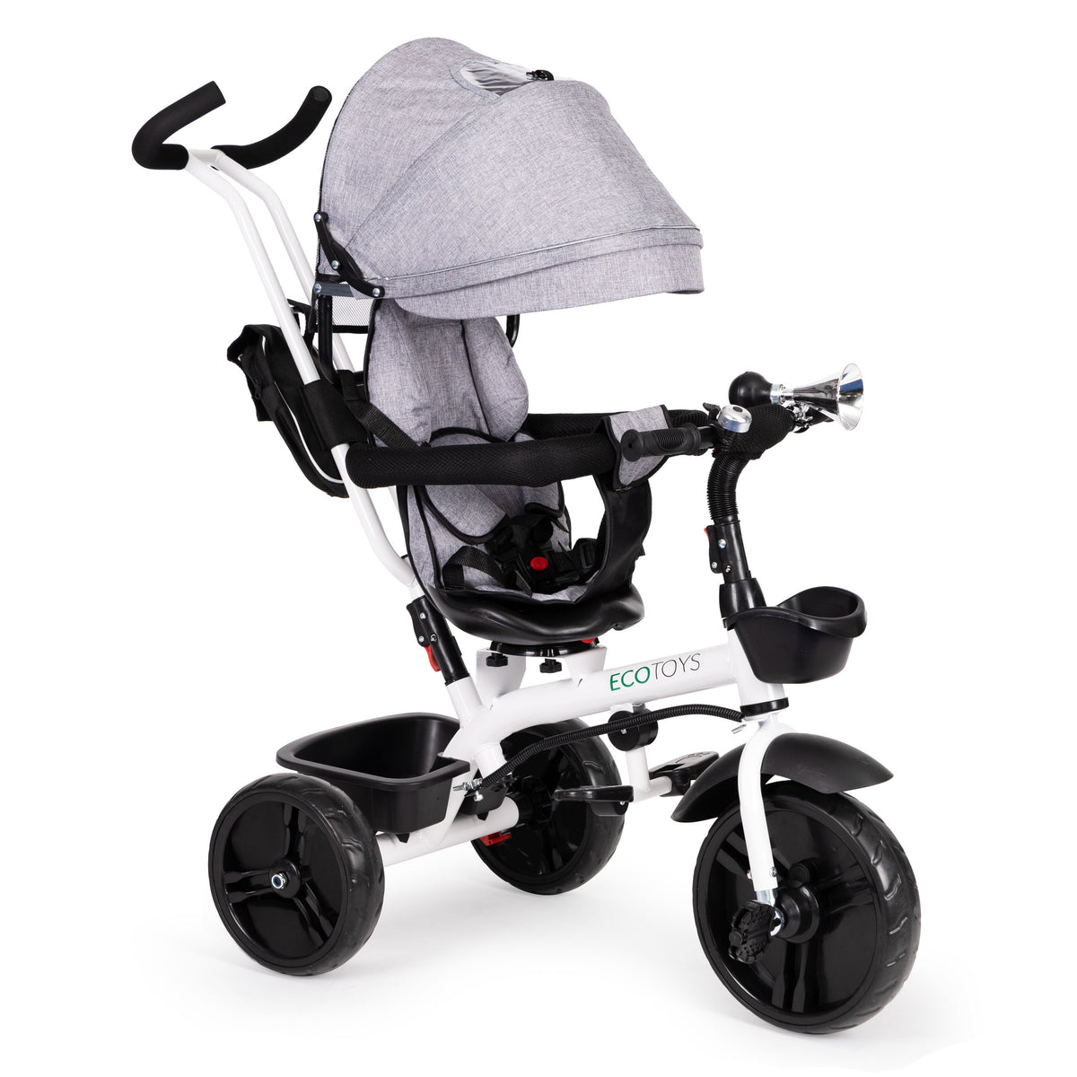 Trīsritenis ar 360° grozāmu sēdekli un jumtiņu, pelēks | EcoToys