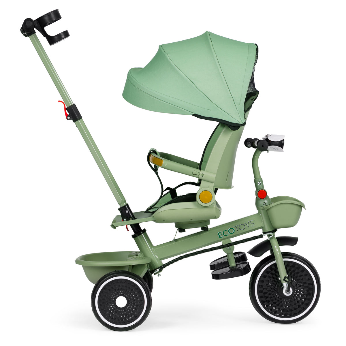 Trīsritenis – ratiņi 2in1 ar grozāmu sēdekli un saliekamu jumtiņu, zaļš | EcoToys