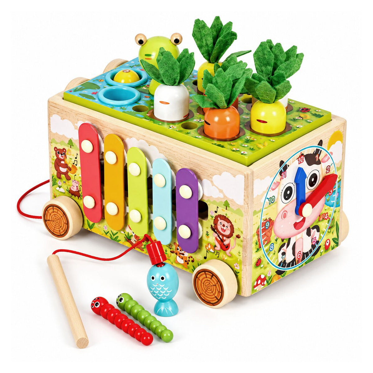 Koka aktivitāšu kubs 8in1 “Varde” – staigulis, šķirotājs, ksilofons, makšķerēšana | EcoToys