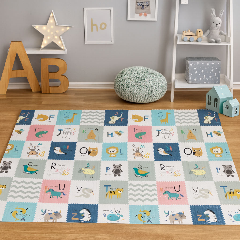 Izglītojošs divpusējs putu paklājs 200x150 cm ar auguma mērītāju un alfabētu | EcoToys