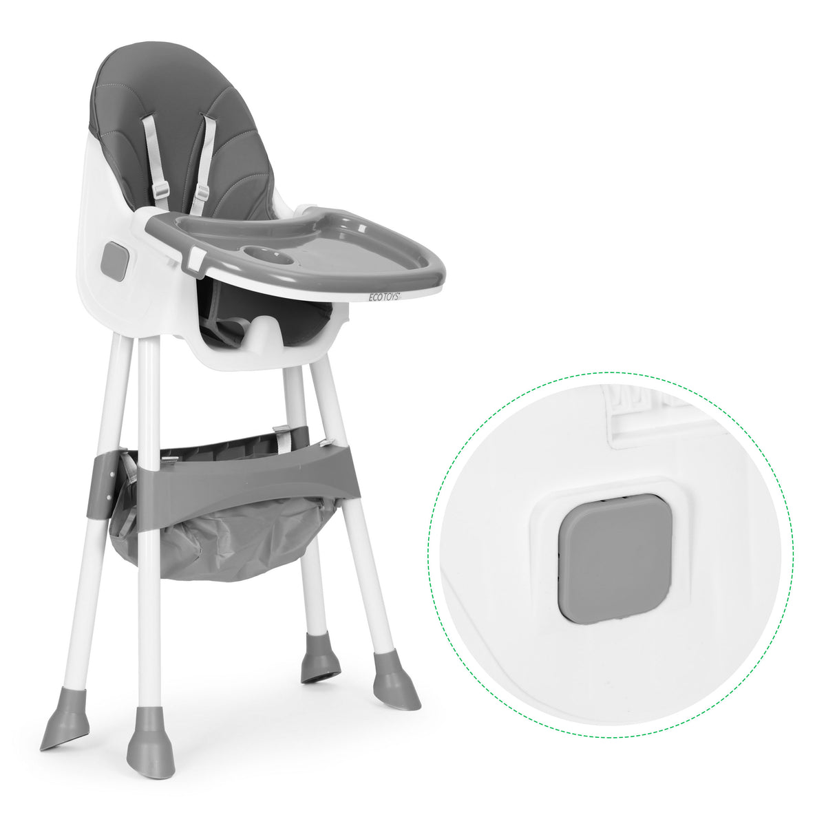 Barošanas krēsliņš ar paplāti, grozu un 5 punktu jostu, pelēks | EcoToys