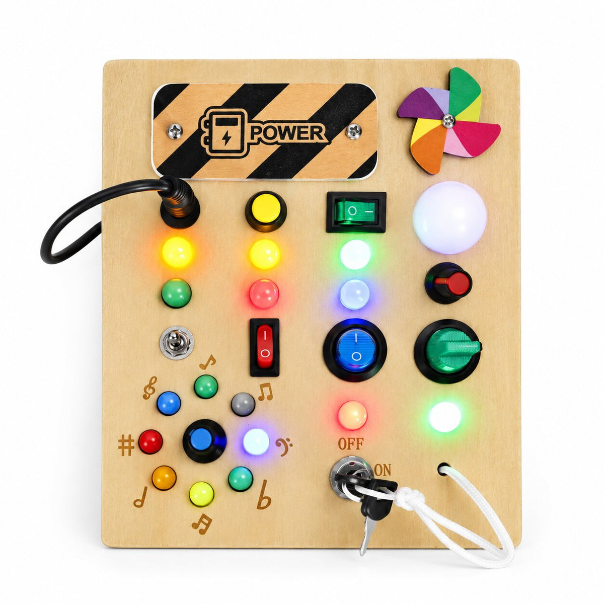 Koka interaktīvais sensorais dēlis ar slēdžiem un LED gaismām | EcoToys