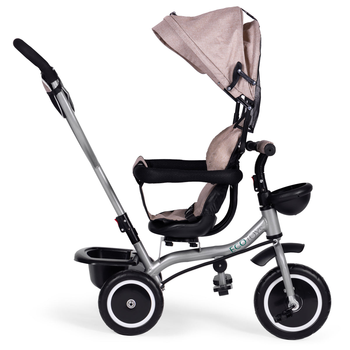 Trīsritenis – ratiņi 2in1 ar grozāmu sēdekli un saliekamu jumtiņu, bēšs | EcoToys