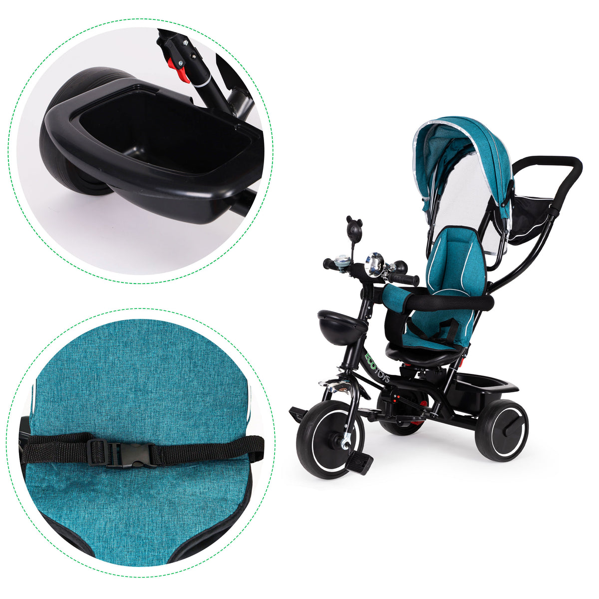 Trīsritenis ar grozāmu sēdekli un jumtiņu, zili zaļš | EcoToys