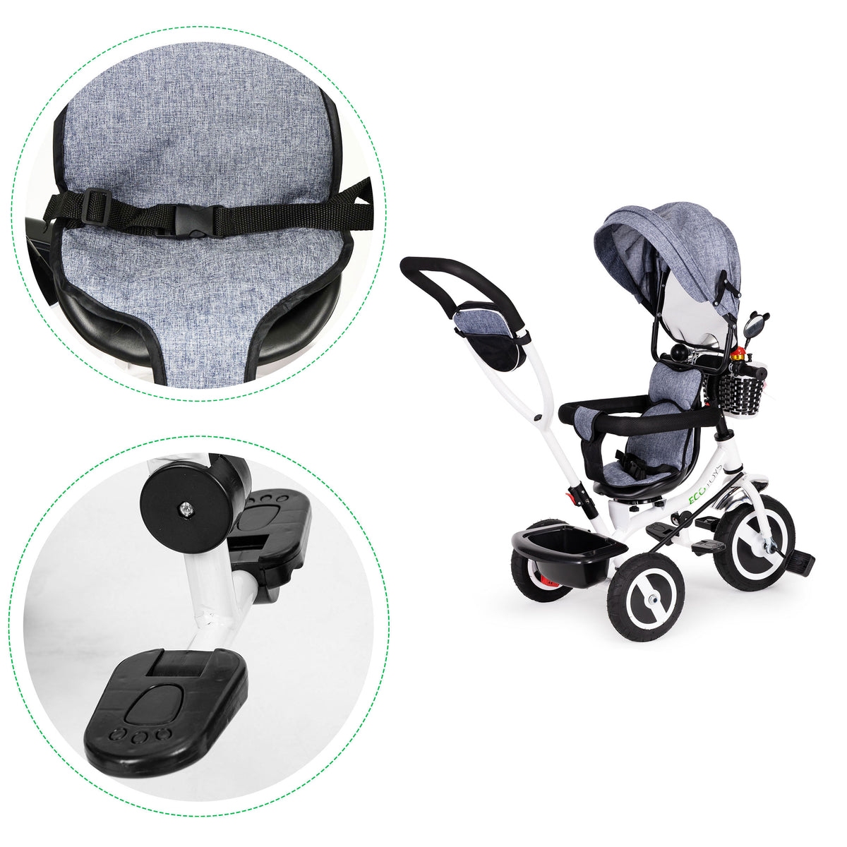 Trīsritenis ar jumtiņu un gumijas riteņiem, pelēks | EcoToys