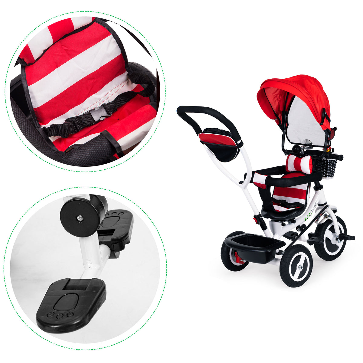 Trīsritenis ar jumtiņu un gumijas riteņiem, sarkans | EcoToys
