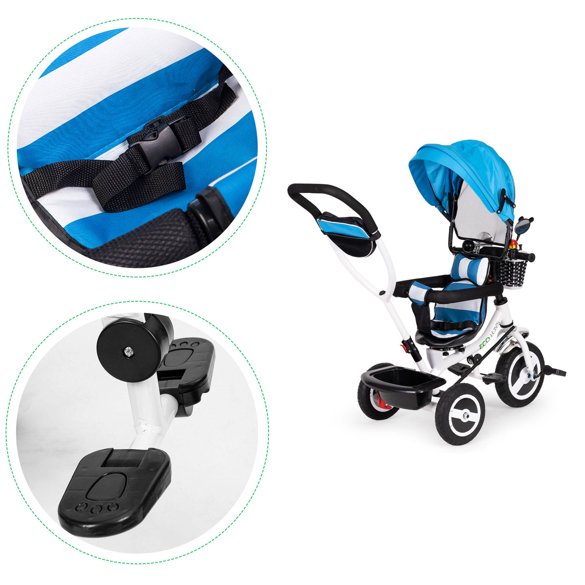 Trīsritenis ar jumtiņu un gumijas riteņiem, zils | EcoToys