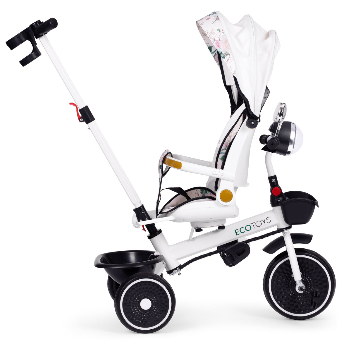 Trīsritenis – ratiņi ar grozāmu sēdekli, stumšanas rokturi un jumtiņu | EcoToys
