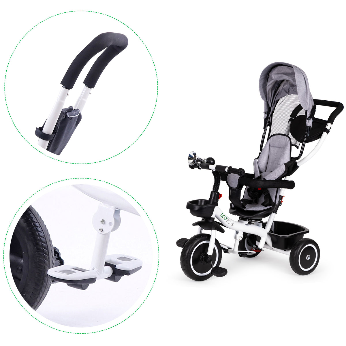 Trīsritenis – ratiņi ar 360° grozāmu sēdekli, pelēks | EcoToys