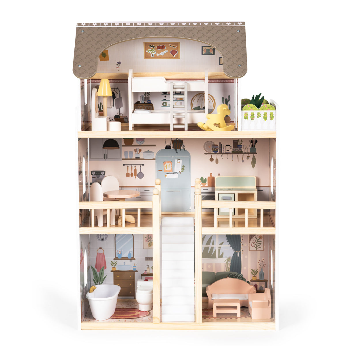 Koka leļļu māja “Laura”, 3 stāvi, 5 istabas, 15 mēbeles | EcoToys