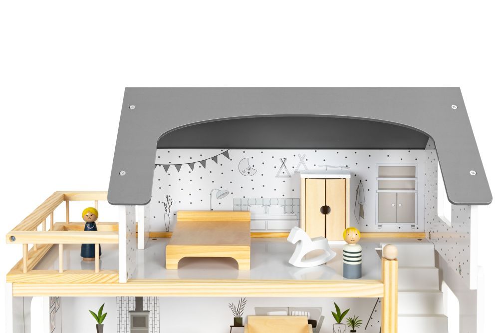 Leļļu namiņš ar 18 koka mēbeļu komplektu ECO HOME