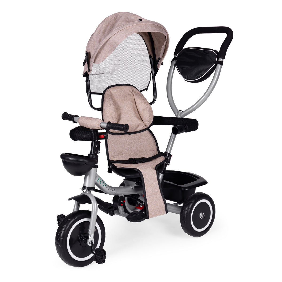 Trīsritenis – ratiņi 2in1 ar grozāmu sēdekli un saliekamu jumtiņu, bēšs | EcoToys