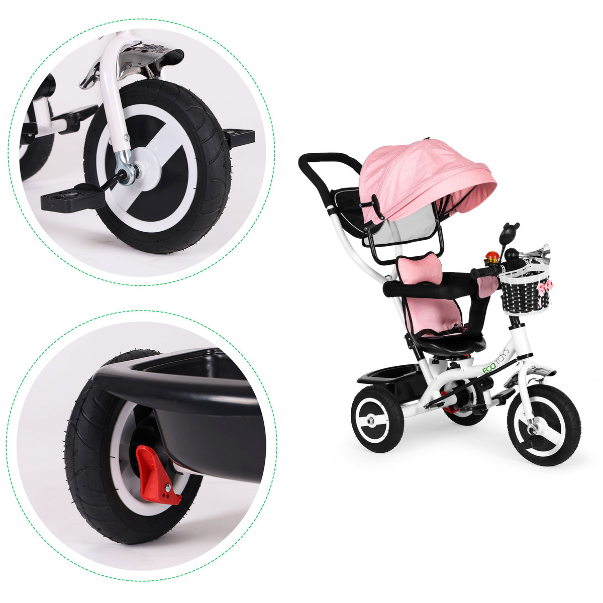 Trīsritenis ar jumtiņu un gumijas riteņiem, rozā | EcoToys