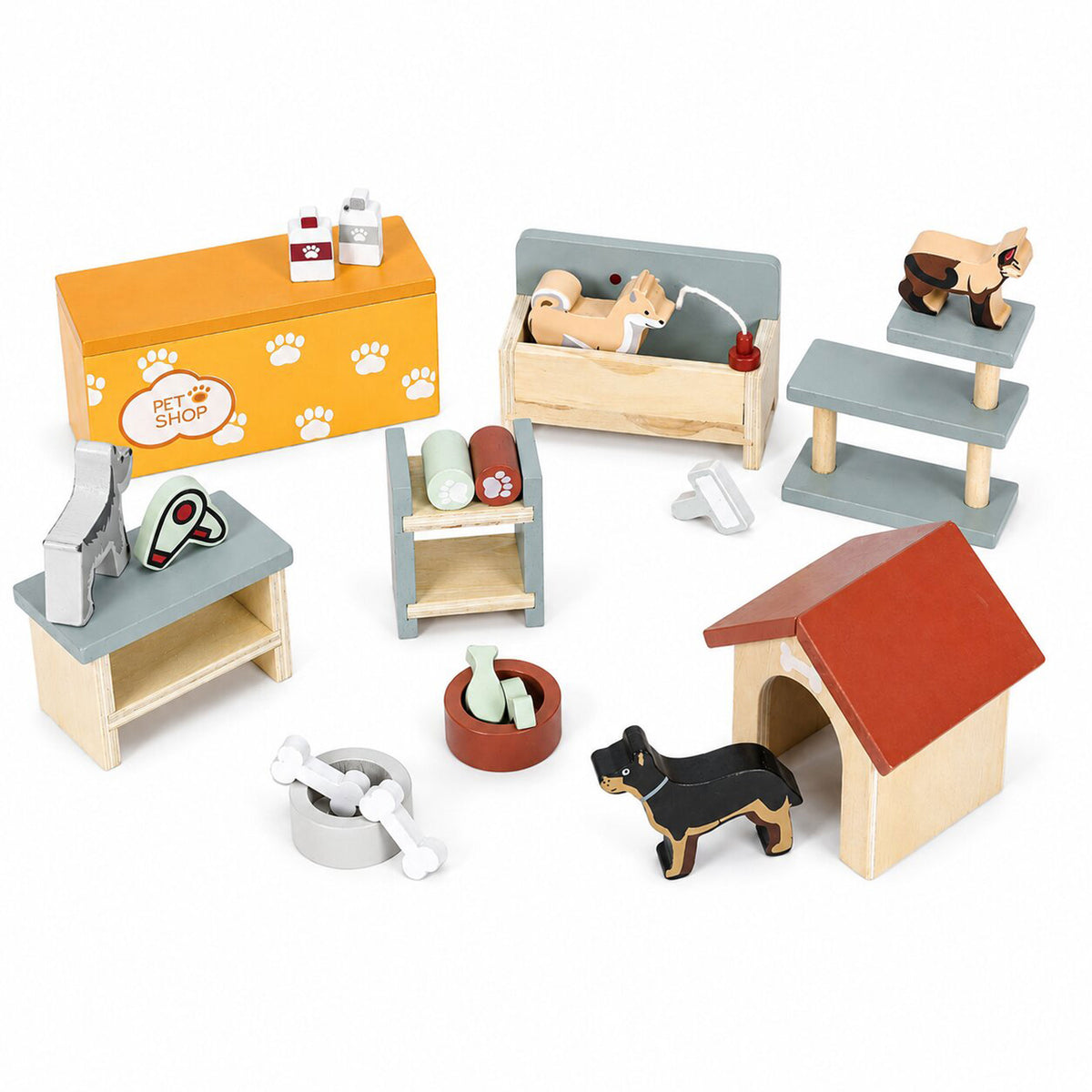 Mājdzīvnieku veikals koferī – divstāvu, koka mēbeles, 23 piederumi | EcoToys