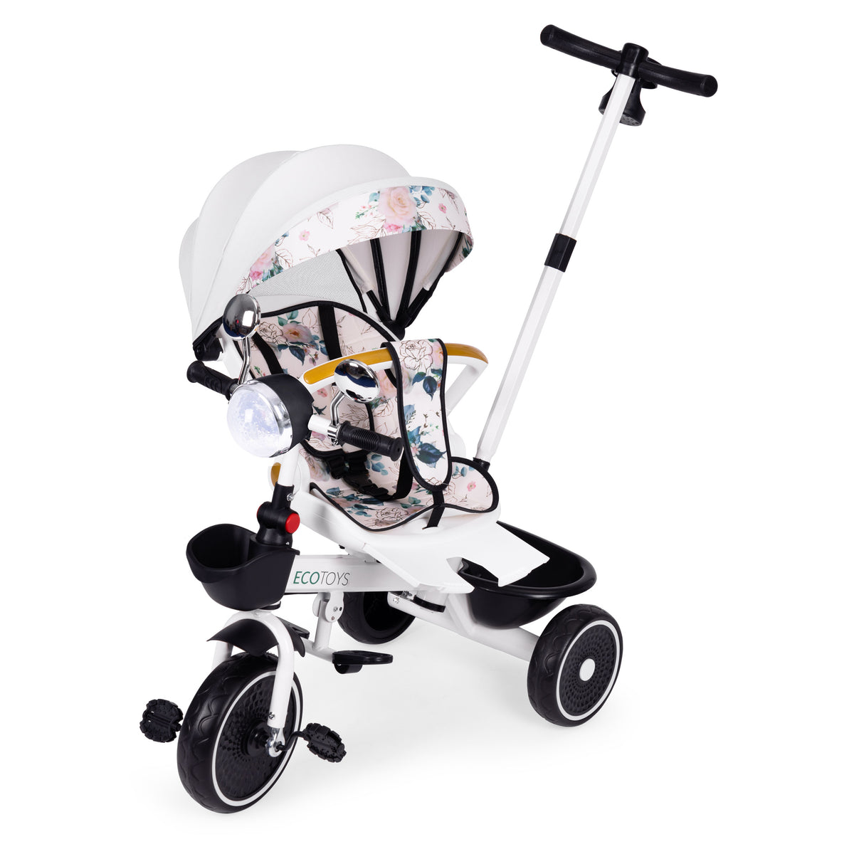Trīsritenis – ratiņi ar grozāmu sēdekli, stumšanas rokturi un jumtiņu | EcoToys