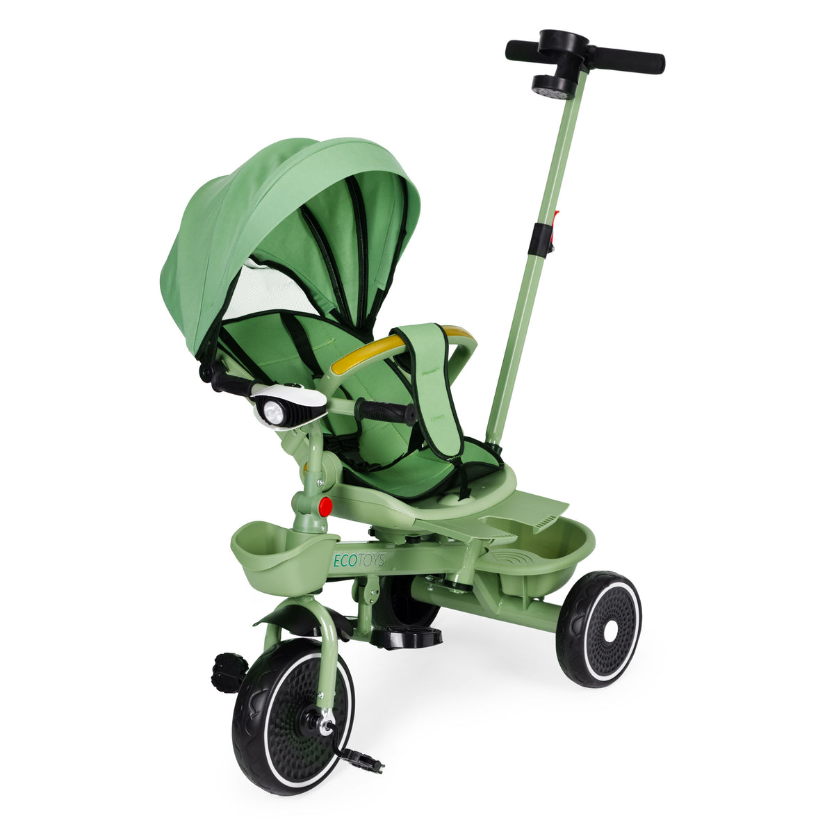 Trīsritenis – ratiņi 2in1 ar grozāmu sēdekli un saliekamu jumtiņu, zaļš | EcoToys