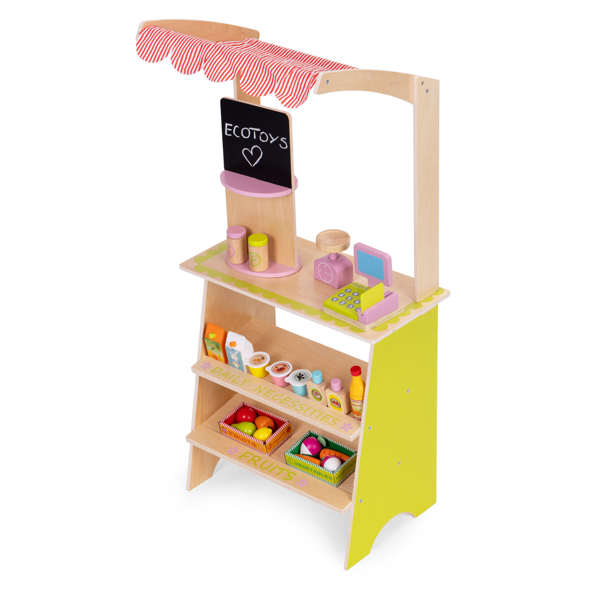 Liela koka tirgus lete bērniem ar termināli, svariem, augļiem un dārzeņiem, 20 gab. | EcoToys