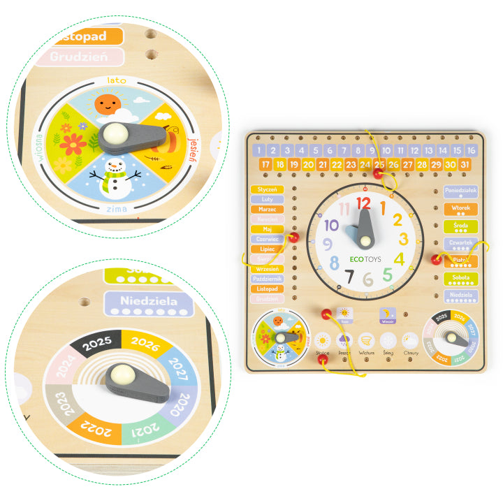 Koka manipulāciju dēlis ar kalendāru un pulksteni | EcoToys