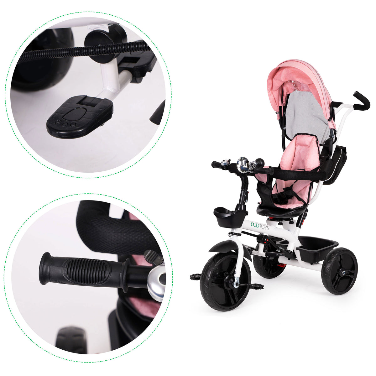 Trīsritenis – ratiņi ar 360° grozāmu sēdekli, rozā | EcoToys