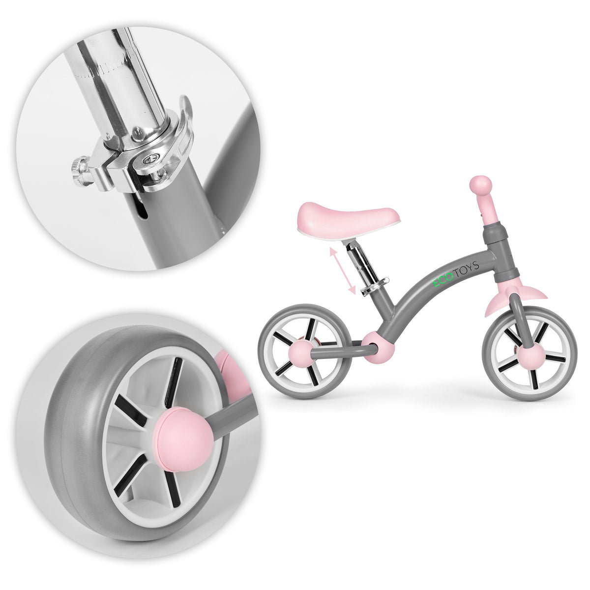 Līdzsvara velosipēds ar EVA riteņiem un regulējamu sēdekli, pelēks | EcoToys