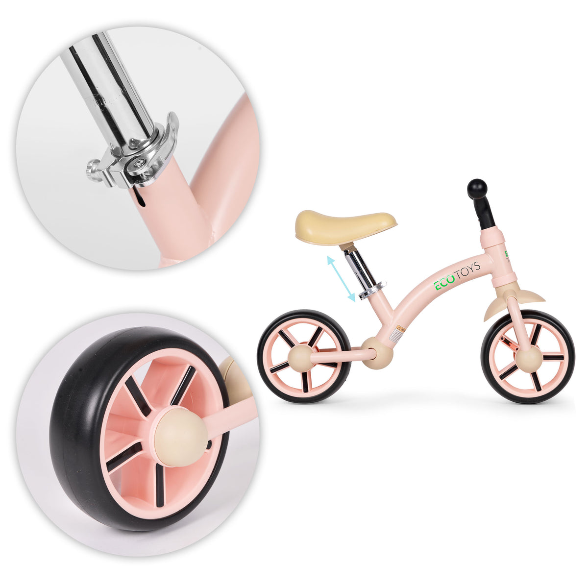 Līdzsvara velosipēds ar EVA riteņiem un regulējamu sēdekli, rozā | EcoToys
