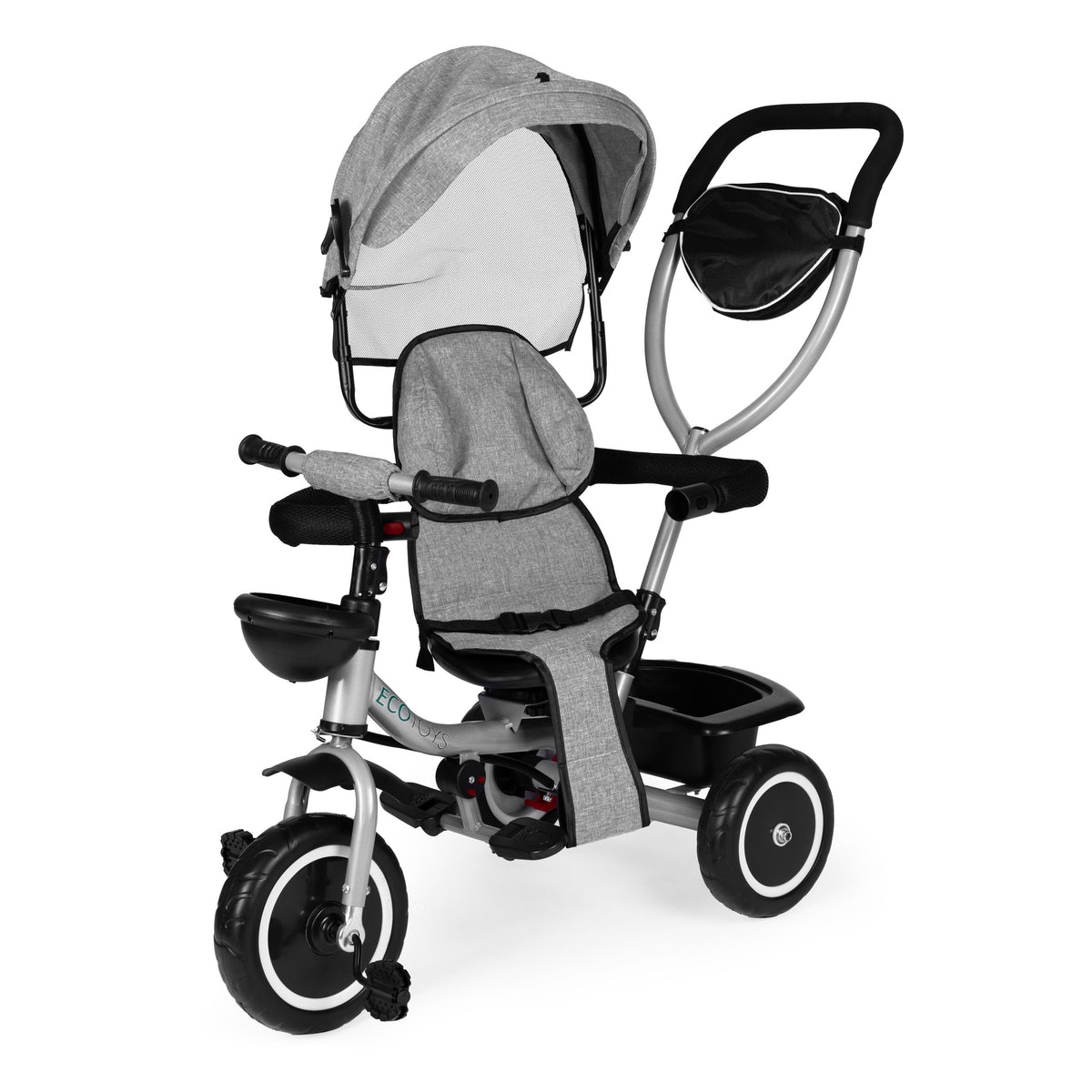 Trīsritenis – ratiņi 2in1 ar grozāmu sēdekli un saliekamu jumtiņu, pelēks | EcoToys