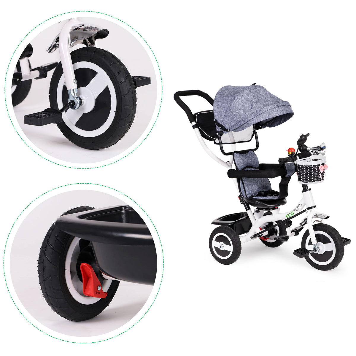 Trīsritenis ar jumtiņu un gumijas riteņiem, pelēks | EcoToys