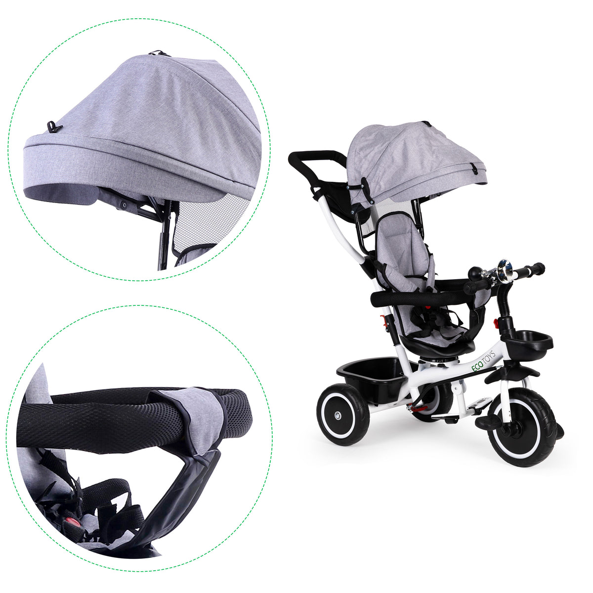 Trīsritenis – ratiņi ar 360° grozāmu sēdekli, pelēks | EcoToys