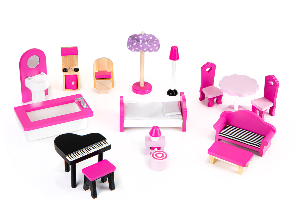 Koka leļļu māja ar mēbelēm | EcoToys