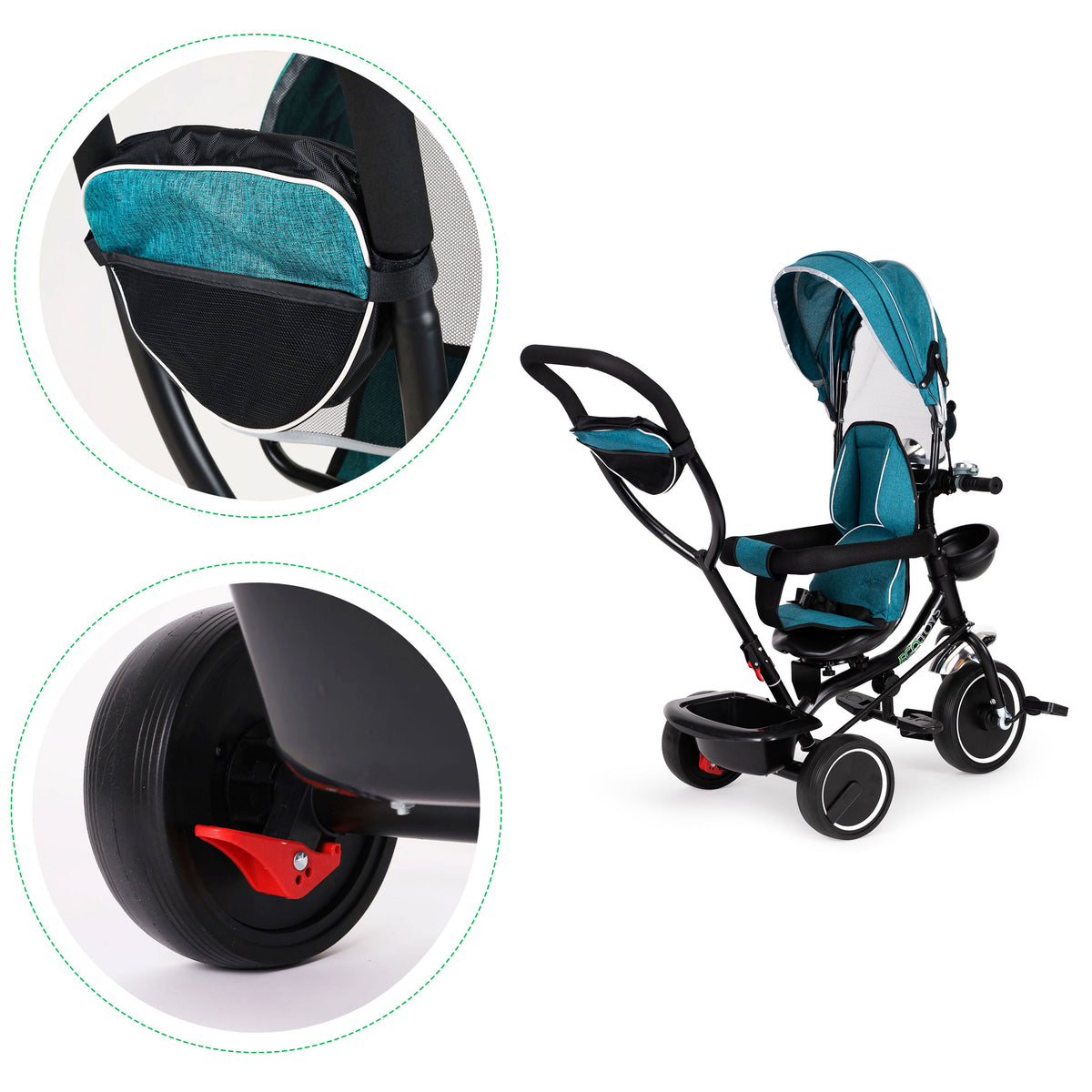 Trīsritenis ar grozāmu sēdekli un jumtiņu, zili zaļš | EcoToys
